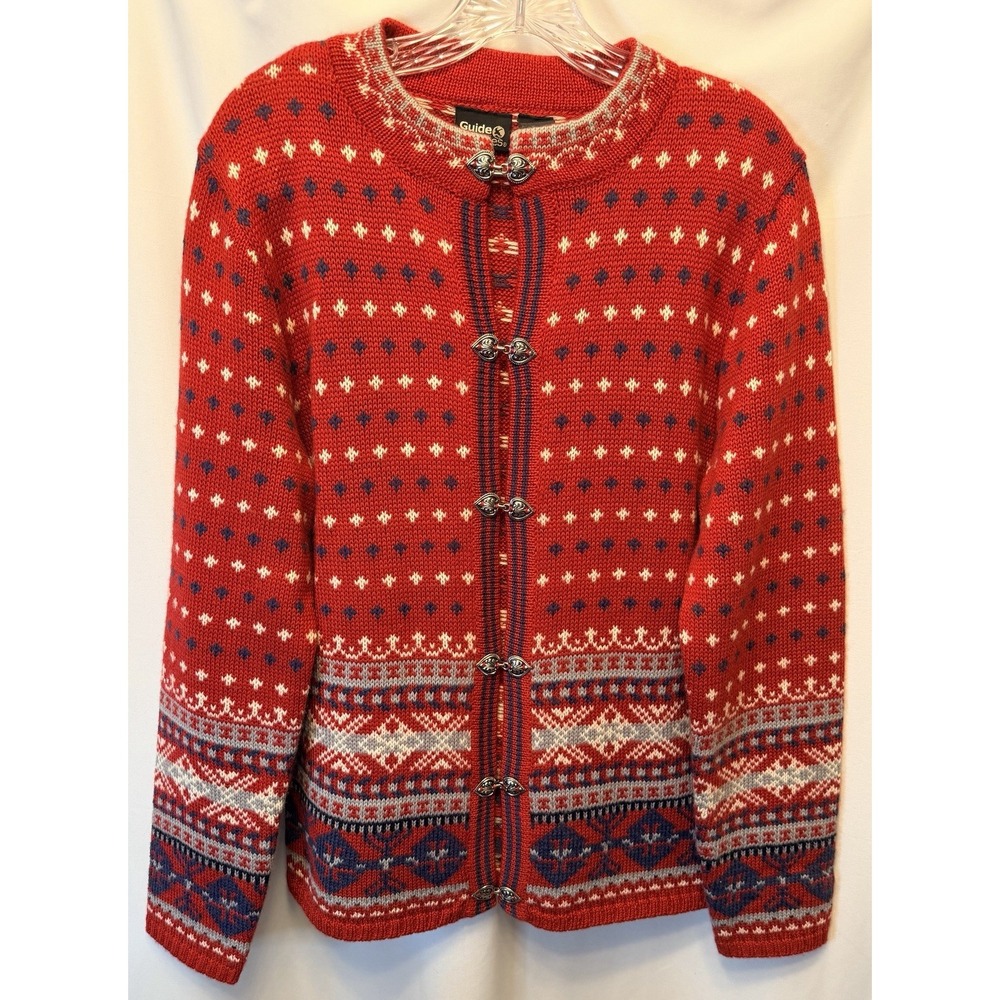 Guide Series Women's Medium Wool Blend Fair Isle Nordic Red Blue Knit Cardigan